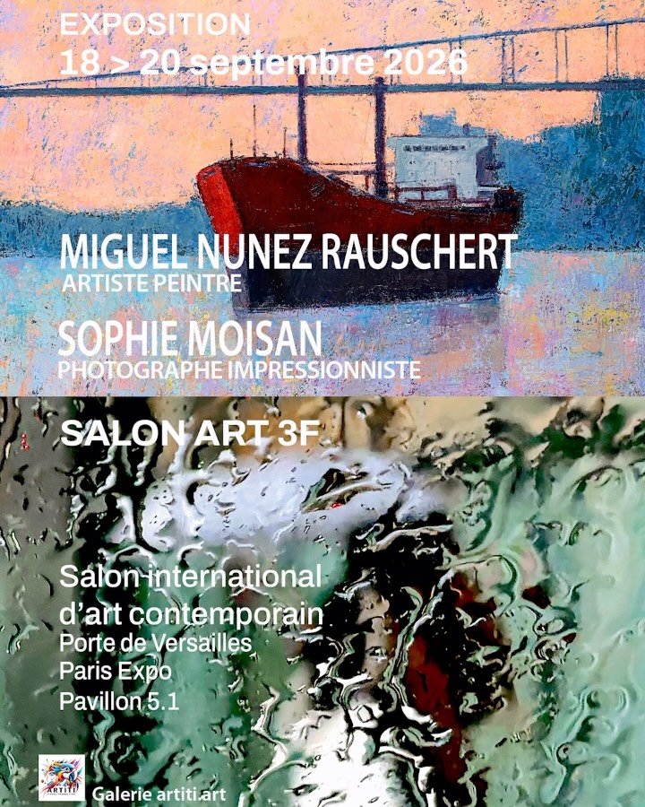 La galerie artiti.art est heureuse d’exposer Miguel Nùñez Rauschert, peintures, et Sophie Moisan, photographies, du 18 au 20 septembre au Salon d’art contemporain Art3f à la porte de Versailles à Paris. 
Pour recevoir des invitations, écrire à hello@artiti.art 😎
#artiti #miguelnunezrauschert #sophiemoisan #artcontemporain #expoparis
